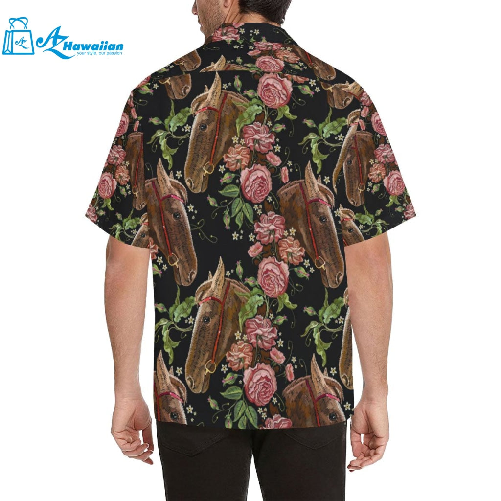 Horse Head Wild Roses Pattern Mens All Over Print Hawaiian Shirt