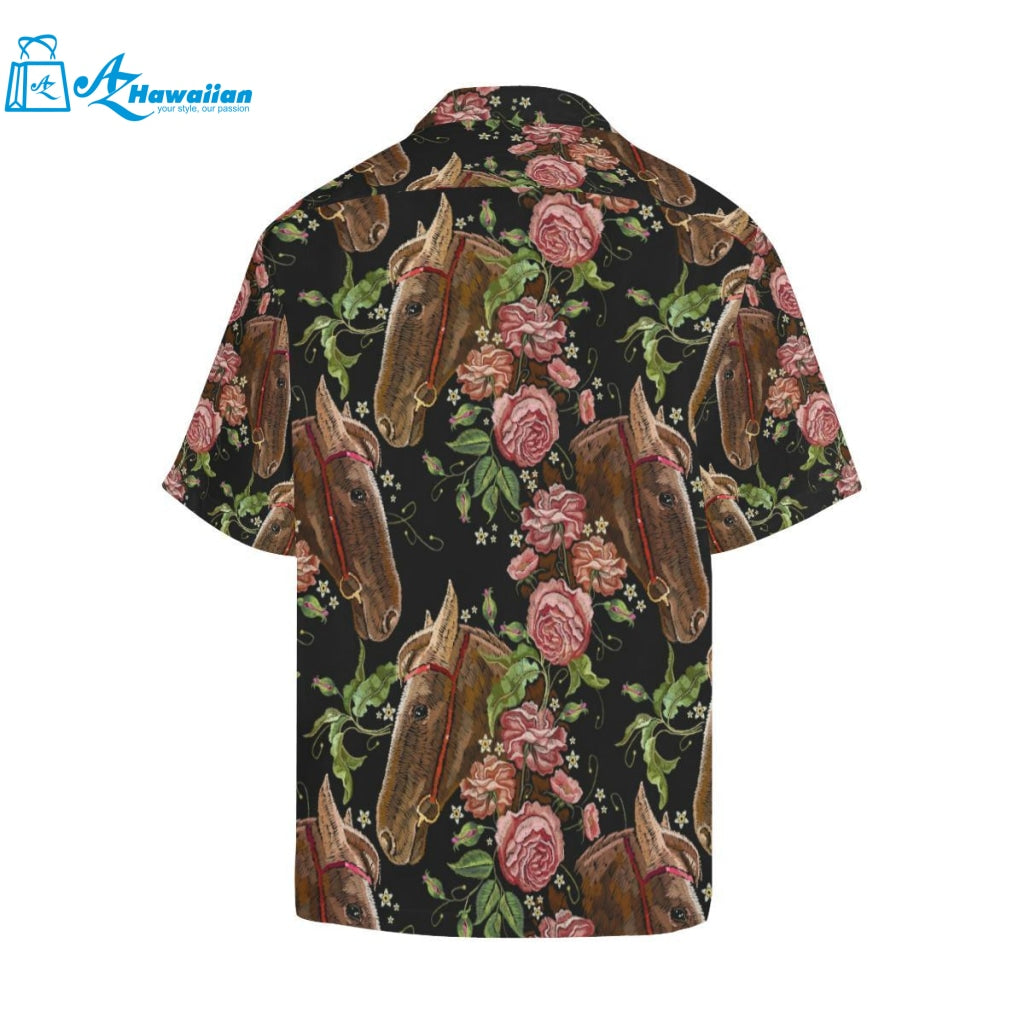 Horse Head Wild Roses Pattern Mens All Over Print Hawaiian Shirt