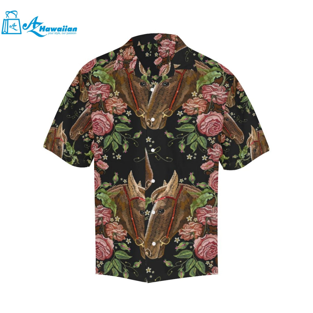 Horse Head Wild Roses Pattern Mens All Over Print Hawaiian Shirt