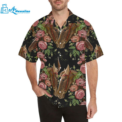 Horse Head Wild Roses Pattern Mens All Over Print Hawaiian Shirt