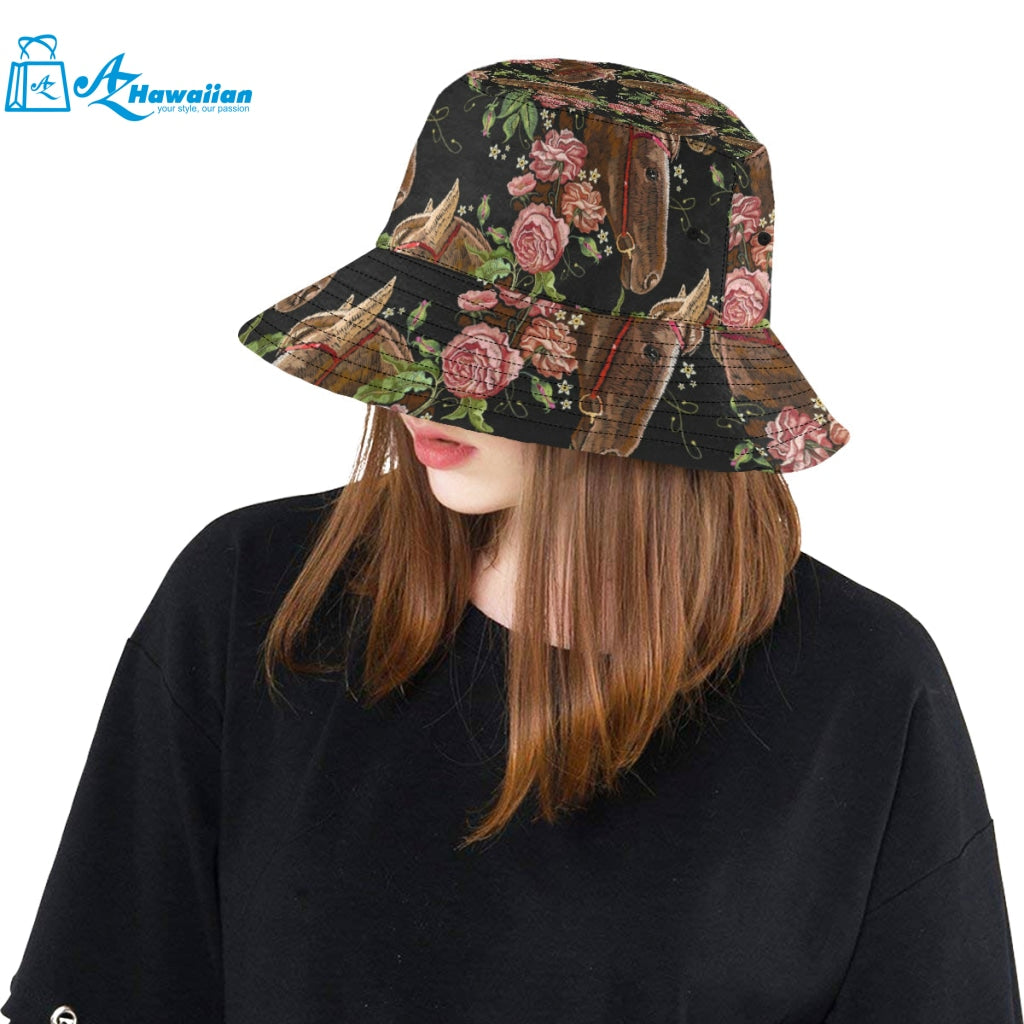 Horse head wild roses pattern Unisex Bucket Hat