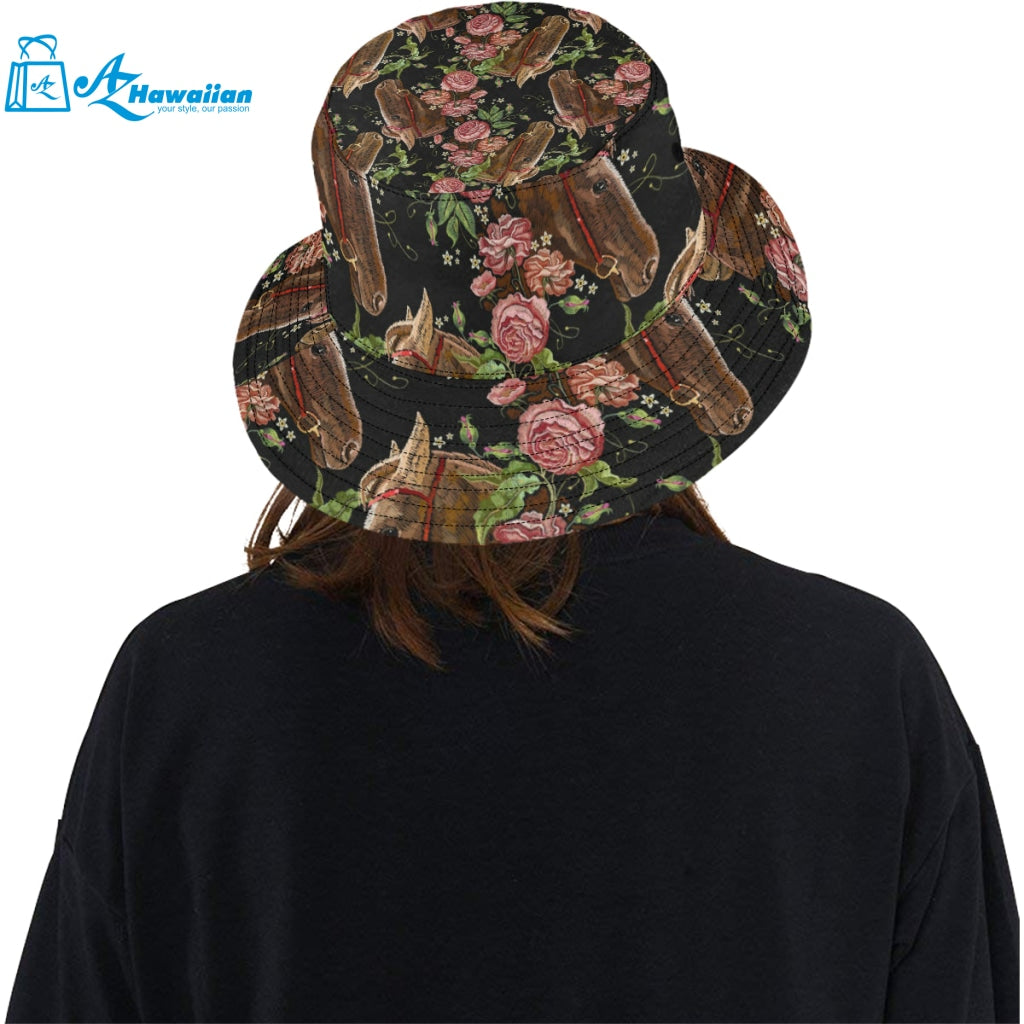 Horse head wild roses pattern Unisex Bucket Hat