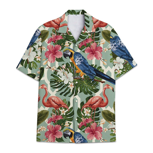 Hawaiian Shirt Parrot And Flamingo Combined Monstera Leaves Hibiscus Flower - Hawwaiian Bird Shirt