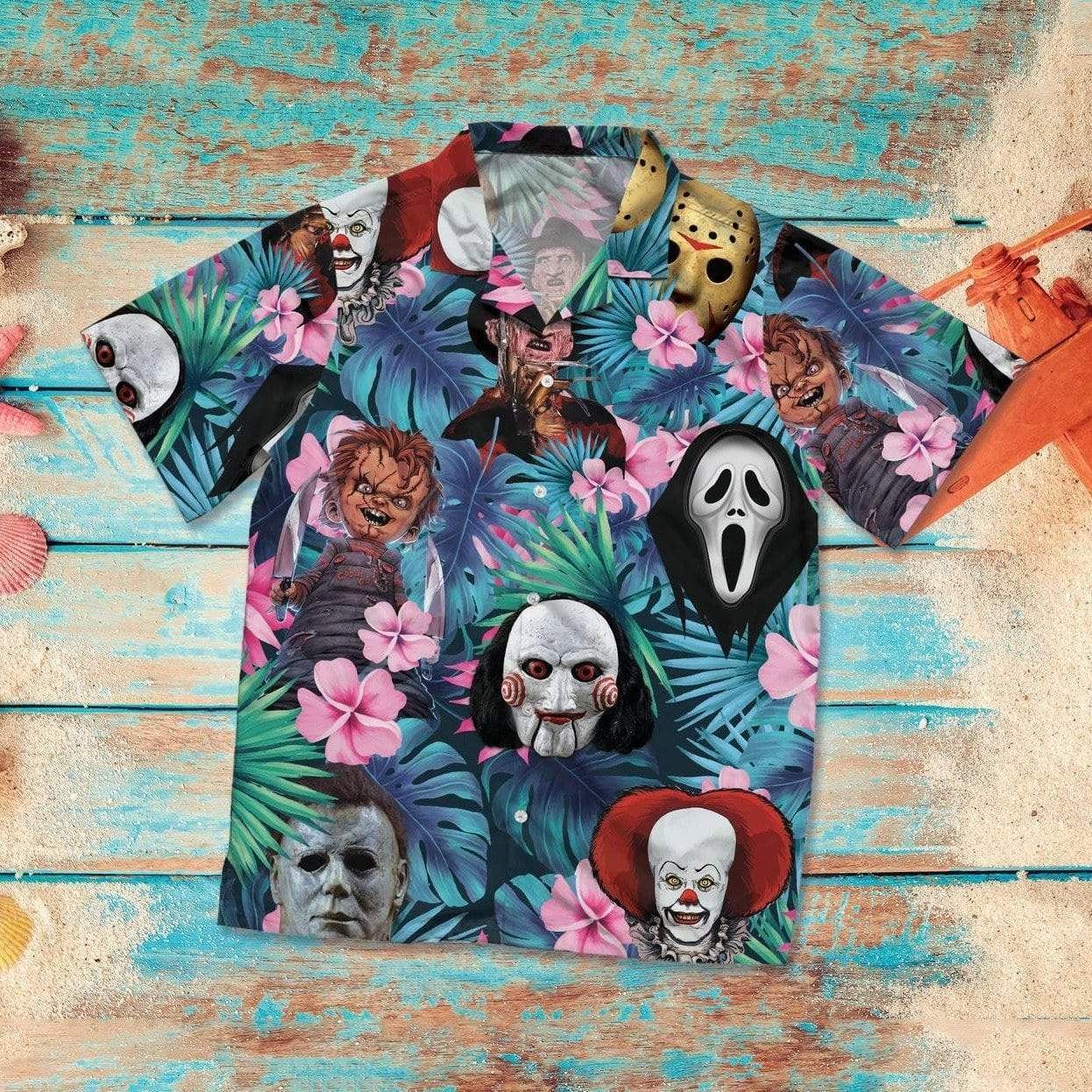 Halloween Horror Serial Killers Tropical Blue Hawaiian Aloha Shirts #DH