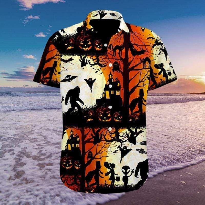 Ew People Bigfoot Ufo Halloween 3D Print Hawaiian Aloha Shirts Shirt