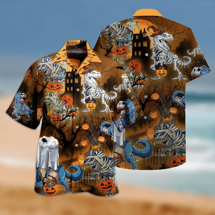 Amazing Halloween Dinosaur Pumpkin 3D Print Polyester Hawaiian Aloha Shirts Shirt