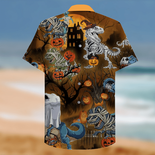 Amazing Halloween Dinosaur Pumpkin 3D Print Polyester Hawaiian Aloha Shirts Shirt