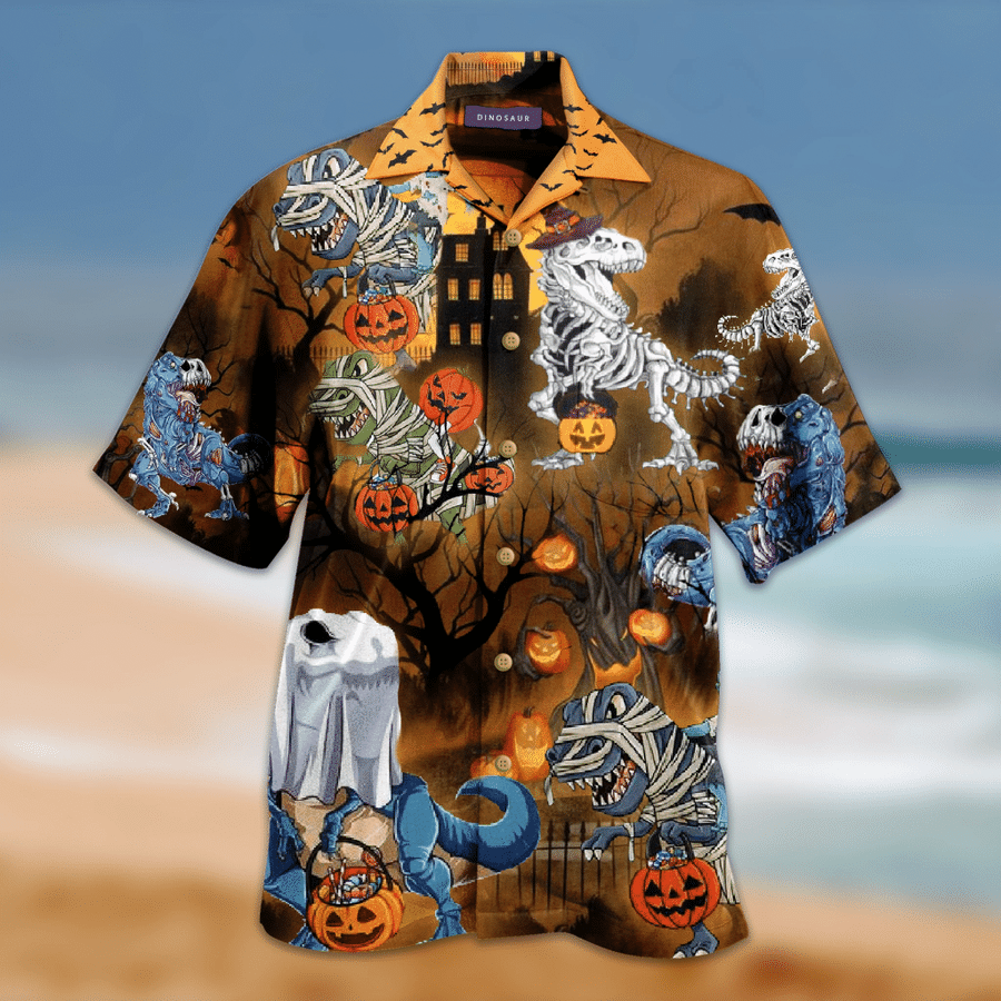 Amazing Halloween Dinosaur Pumpkin 3D Print Polyester Hawaiian Aloha Shirts Shirt