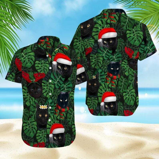 Christmas Black Cat In Tropical Leaf 3D Print Hawaiian Aloha Shirts Shirt