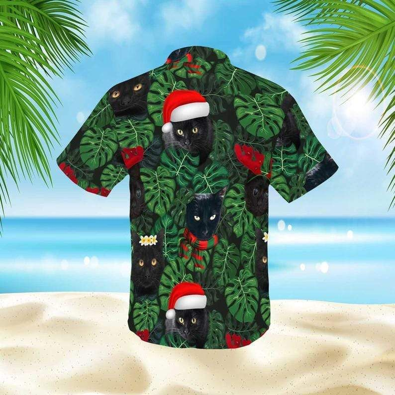 Christmas Black Cat In Tropical Leaf 3D Print Hawaiian Aloha Shirts Shirt