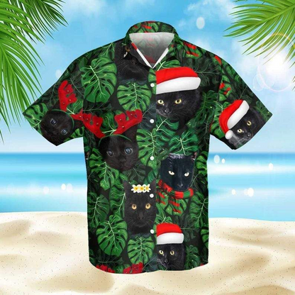 Christmas Black Cat In Tropical Leaf 3D Print Hawaiian Aloha Shirts Shirt