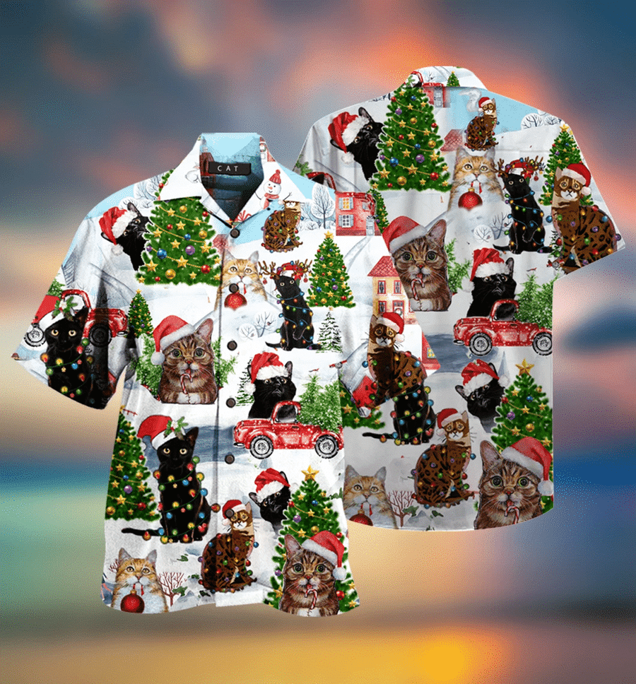 Christmas Cats Light 3D Print Polyester Hawaiian Aloha Shirts Shirt