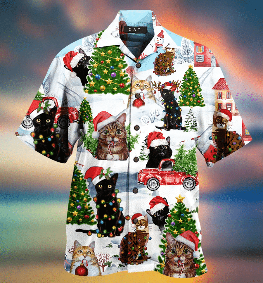 Christmas Cats Light 3D Print Polyester Hawaiian Aloha Shirts Shirt