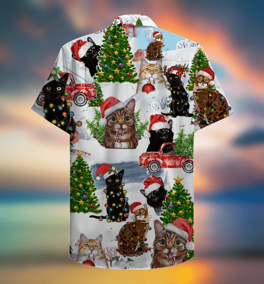 Christmas Cats Light 3D Print Polyester Hawaiian Aloha Shirts Shirt