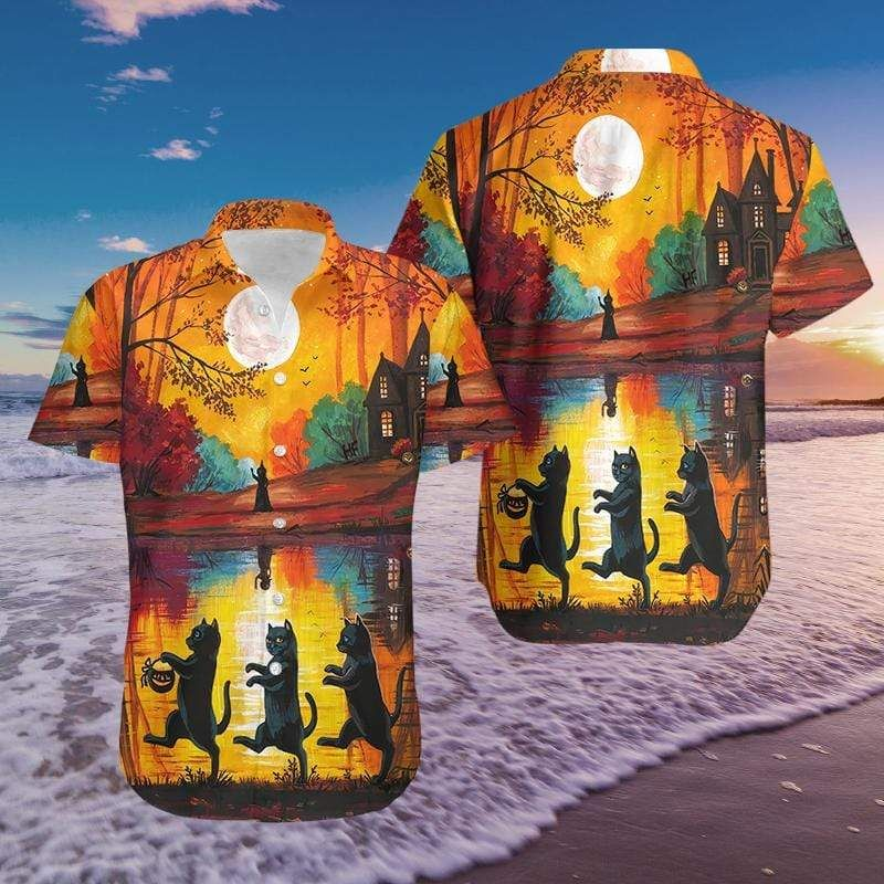 Walking Cat Trick Or Treat Halloween 3D Print Hawaiian Aloha Shirts Shirt