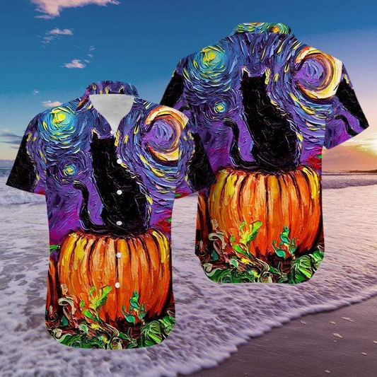 Black Cat On Pumpkin Halloween Art 3D Painting Hawaiian Aloha Shirts Shirt