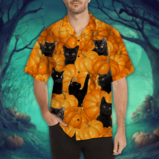 Hawaiian Aloha Shirts Black Cat Pumpkin Halloween Shirt