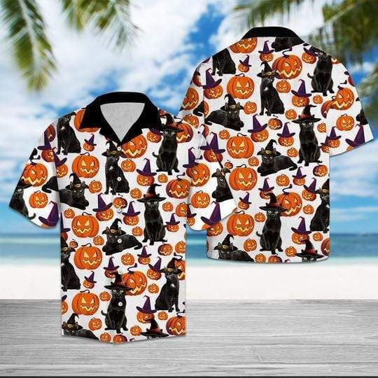 Black Cat Halloween Pattern Polyester Hawaiian Aloha Shirts Shirt