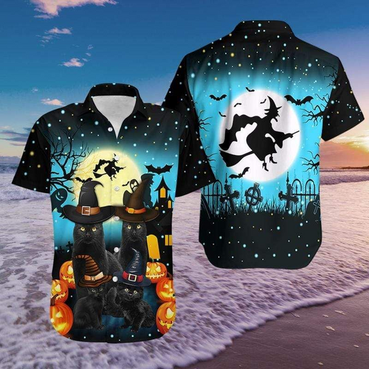 Black Cat Witch Halloween Pumpkin 3D Print Hawaiian Aloha Shirts Shirt