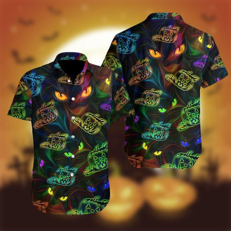 Halloween Colorful Light Cat And Pumpkin 3D Print Polyester Hawaiian Shirt