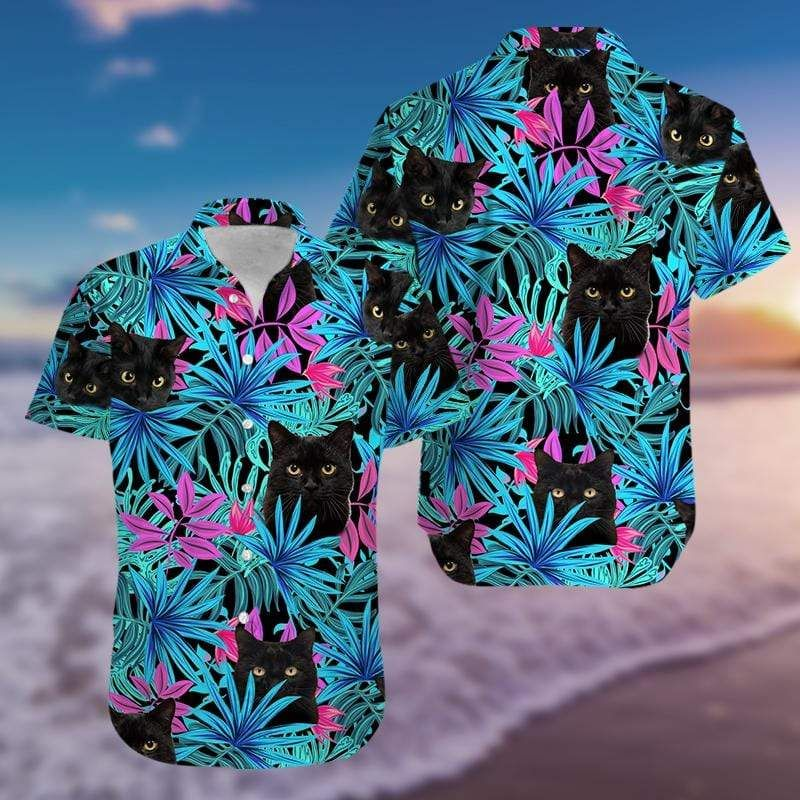 Tropical Black Cat 3D Print Polyester Hawaiian Aloha Shirts Shirt