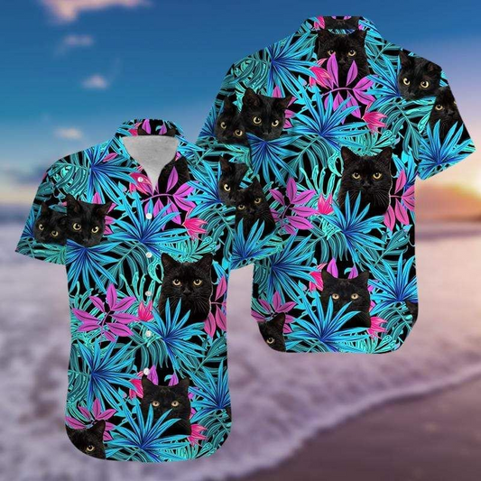 Tropical Black Cat 3D Print Polyester Hawaiian Aloha Shirts Shirt