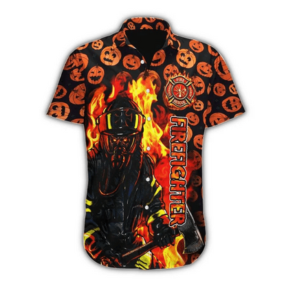 Hawaiian Aloha Shirts Firefighter Pumpkin Halloween Shirt