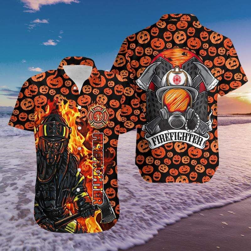 Hawaiian Aloha Shirts Firefighter Pumpkin Halloween Shirt