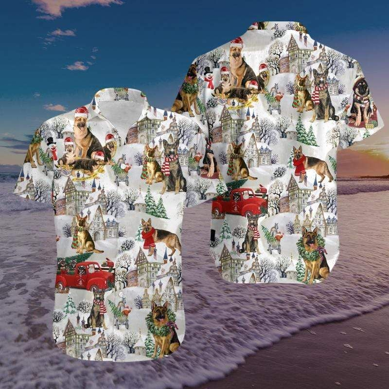 Christmas German Shepherds 3D Print Polyester Hawaiian Aloha Shirts Shirt