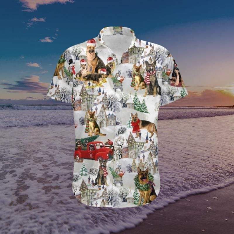 Christmas German Shepherds 3D Print Polyester Hawaiian Aloha Shirts Shirt