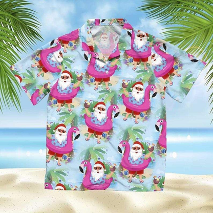 Christmas Santa Claus With Flamingo Funny 3D Print Polyester Hawaiian Aloha Shirts Shirt