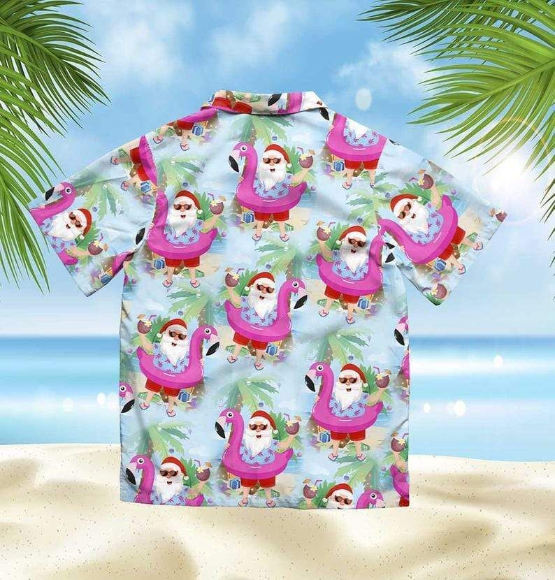 Christmas Santa Claus With Flamingo Funny 3D Print Polyester Hawaiian Aloha Shirts Shirt