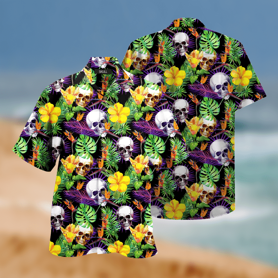 Amazing Skull In Tropical Leaf 3D Print Hawaiian Aloha Shirt