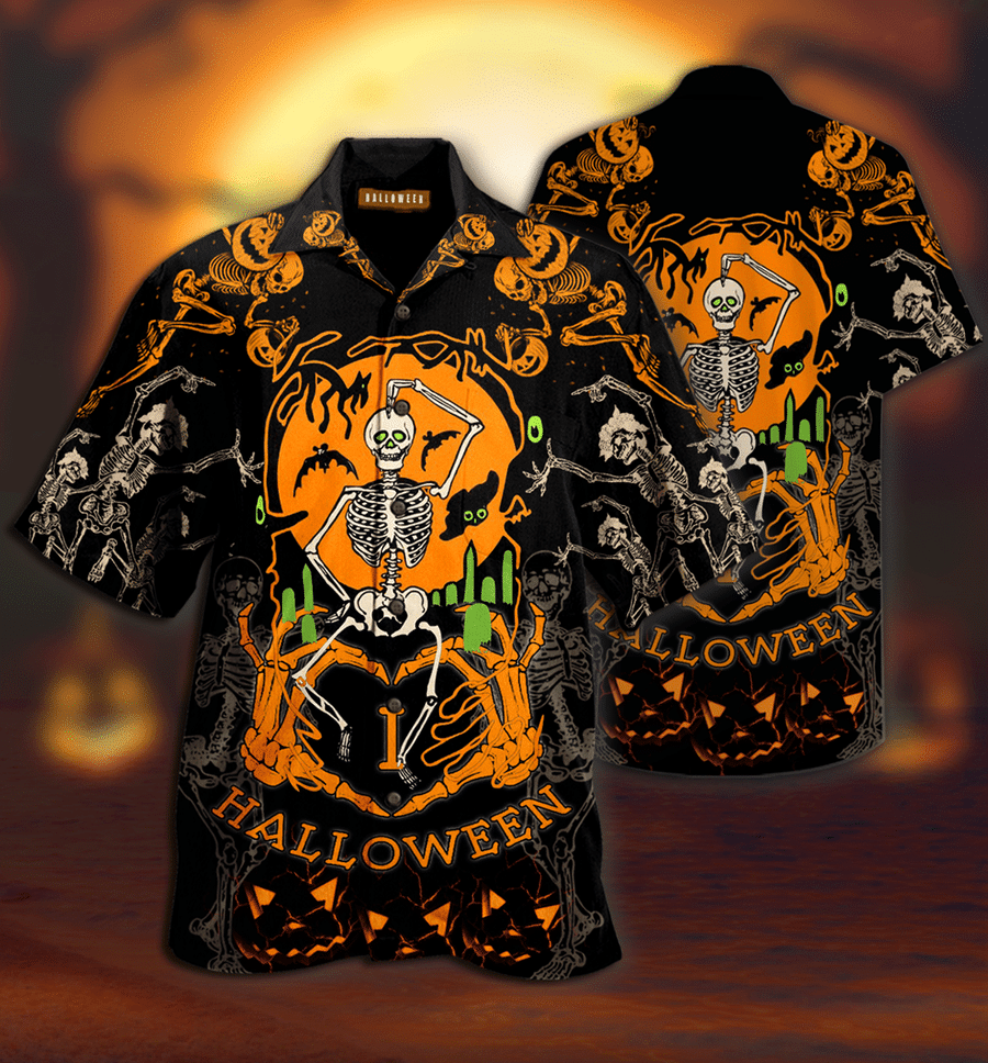 Dancing Skeleton Halloween 3D Print Polyester Hawaiian Aloha Shirt