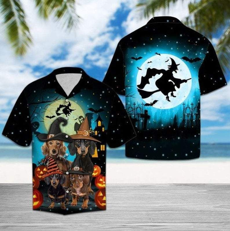 Witch Halloween Dachshund Family 3D Print Hawaiian Aloha Shirt