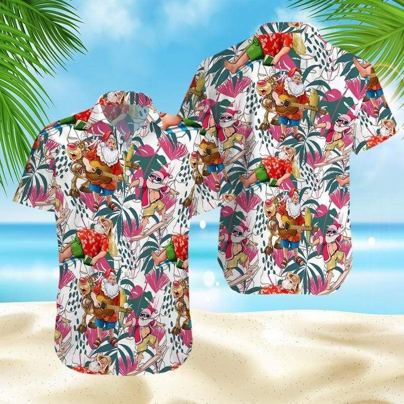 Funny Santa Claus & Cute Reindeer Christmas 3D Print Polyester Hawaiian Aloha Shirt