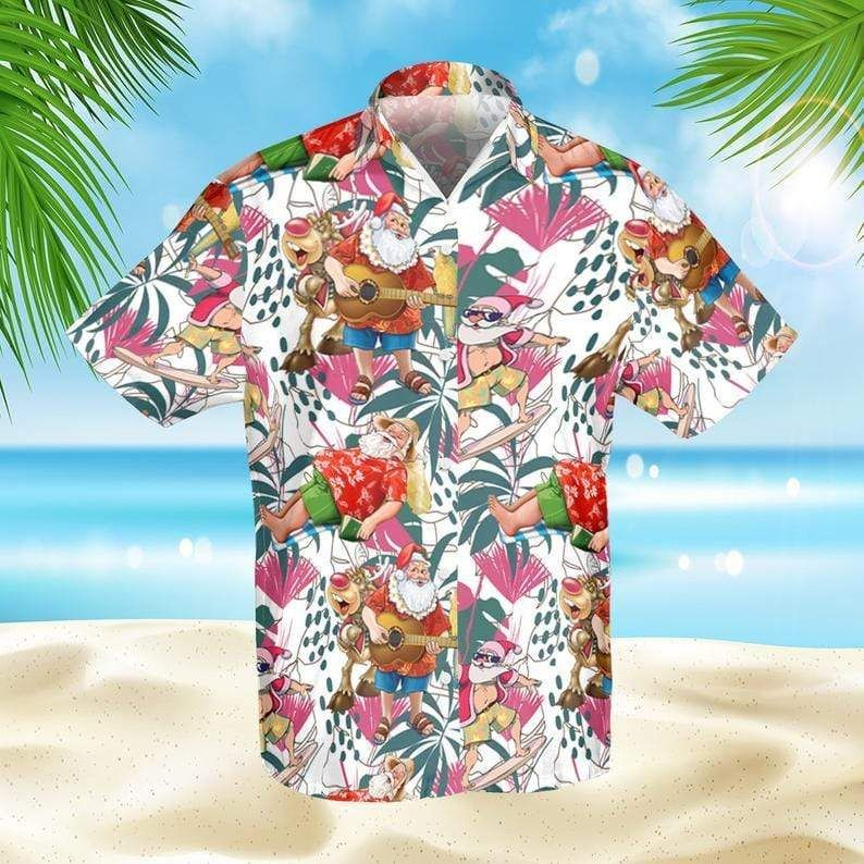 Funny Santa Claus & Cute Reindeer Christmas 3D Print Polyester Hawaiian Aloha Shirt