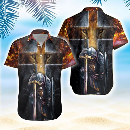 Warrior Of Christ Lion Cross 3D Print Polyester Hawaiian Aloha Shirt