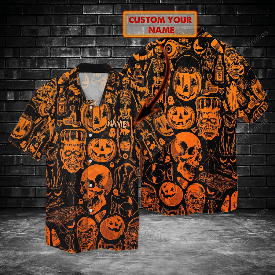 Personalized Halloween Gift Skull Pumpkin 3D Print Polyester Hawaii Shirt Hawaiian