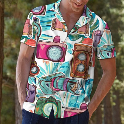 Photograph Blue Floral Tropical Polyester Hawaiian Shirt