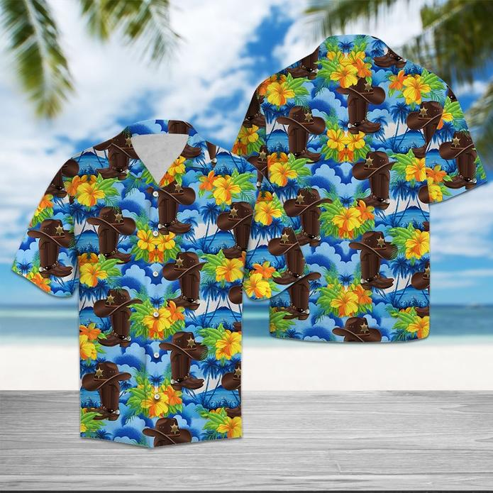 Vintage Cowboy Hibiscus Tropical 3D Print Polyester Hawaiian Shirt