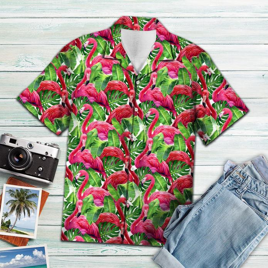 Pink Flamingo Leaf Tropical Polyester Hawaiian Shirt