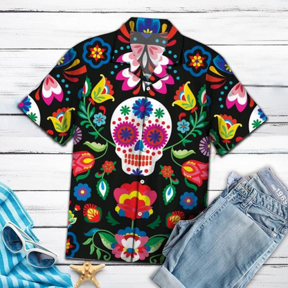 Mexican Sugar Skull Tropical Polyester Hawaiian Shirt