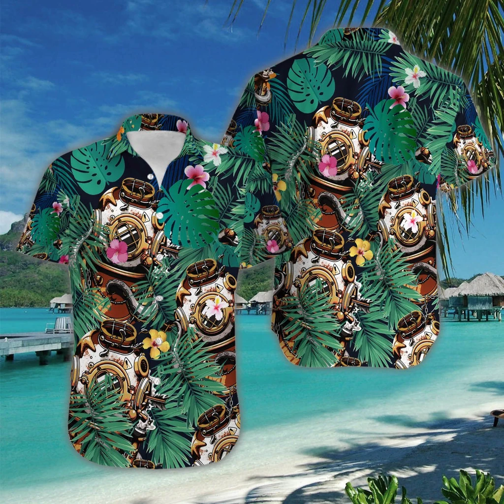 Diving Hard Hat Tropical 3D Print Polyester Hawaiian Shirt