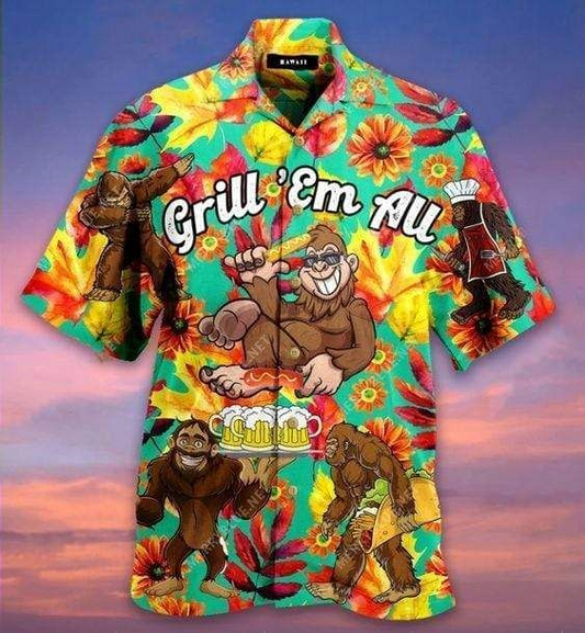 Bigfoot Grill Em All Camping Colorful Best Hawaiian Shirt | Funny Crazy Vintage