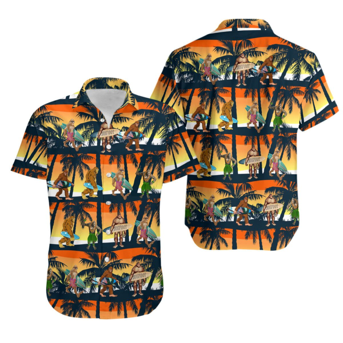 Bigfoot Carrying Surf Board Camping Hawaiian Shirt | Funny Crazy Vintage