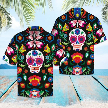 Mexican Sugar Skull Tropical Polyester Hawaiian Shirt