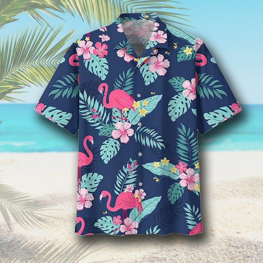 Flamingo Tropical Leaf Print Polyester Hawaiian Shirt