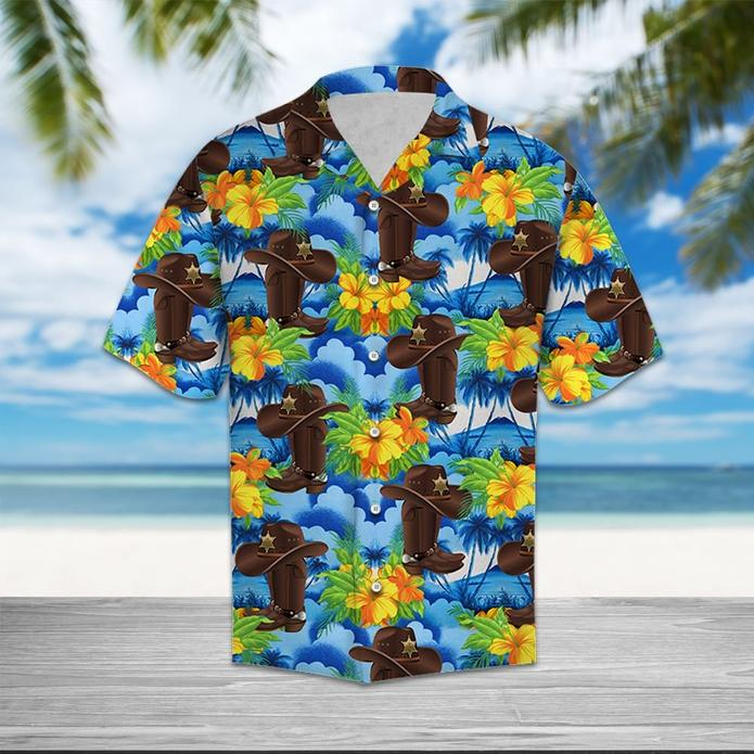 Vintage Cowboy Hibiscus Tropical 3D Print Polyester Hawaiian Shirt