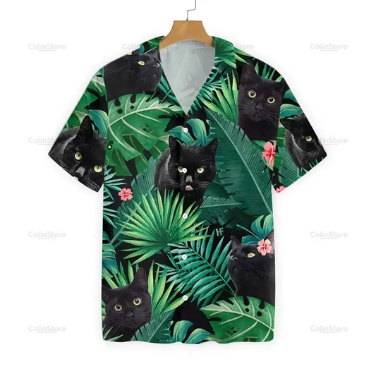 For Men And Women, Black Cat Tropical Green Leafs Hawaiian Shirt | Crazy Funny Hawaiian Shirt | Vintage Hawaiian Shirt